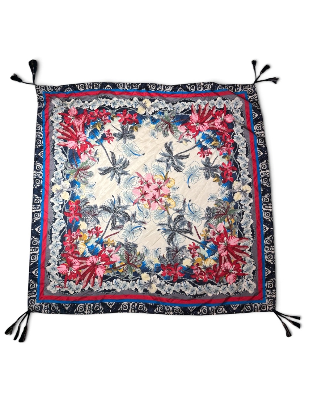 Johnny Was Silk Scarf Blue Floral Tassels Boho
